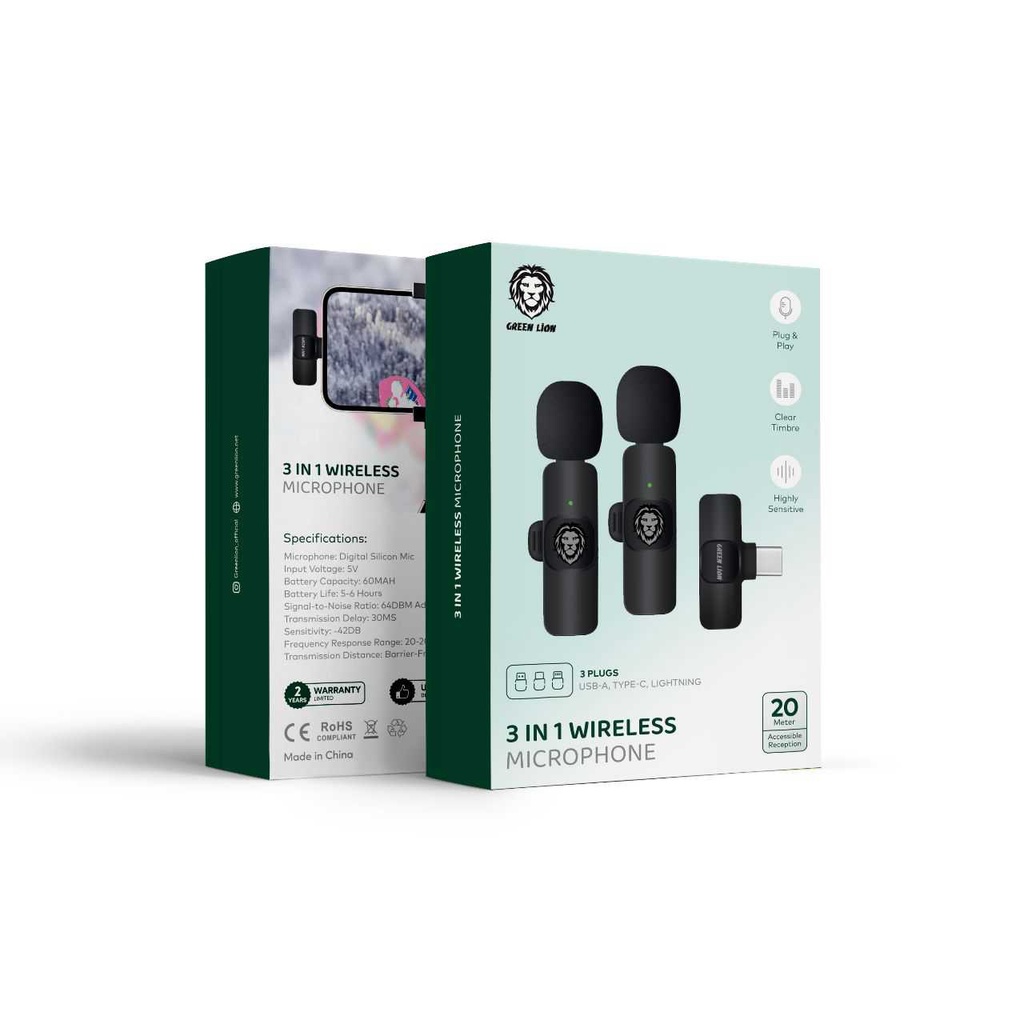 Green Lion 3 in 1 Wireless Microphone – Black